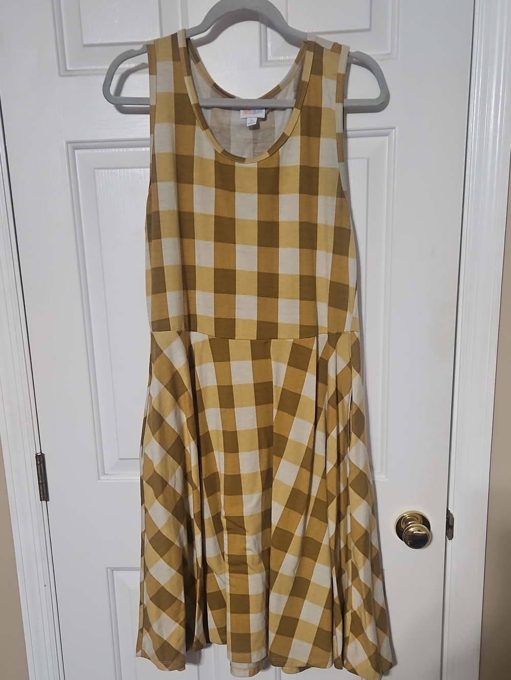 Lularoe XL Nicki Mustard Yellow Checkered Sleeveless Fit-and-Flare Dress